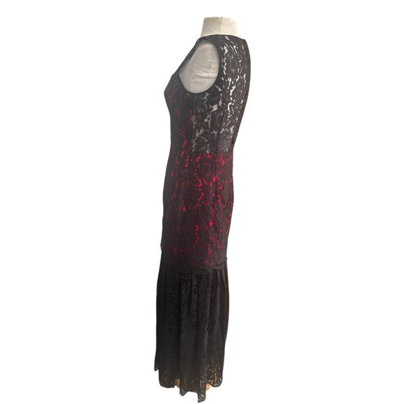 Milly Black Red Lace Sleeveless Midi Dress Size 10 Made in USA Floral Overlay Co - Picture 3 of 12